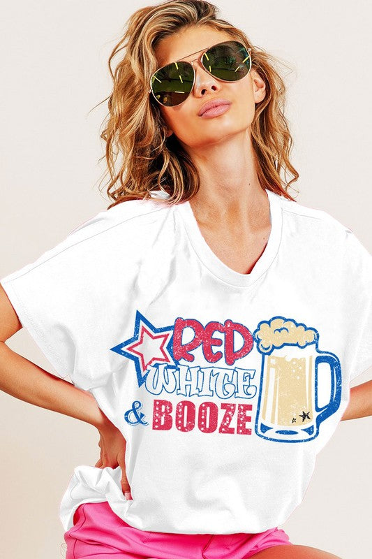 RED WHITE AND BOOZE GRAPHIC JERSEY TOP