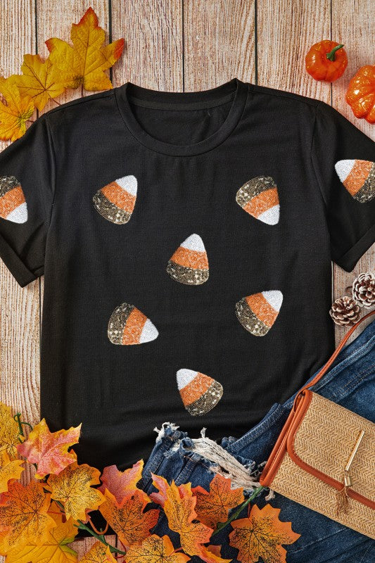 Sequin Candy Patched Pattern Halloween T Shirt