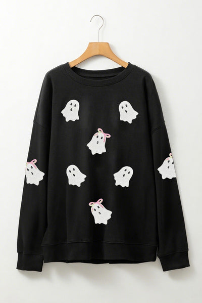 Sequin Cute Bow Ghost Graphic Halloween Sweatshirt