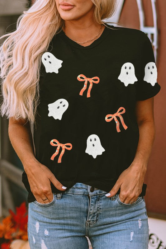 Sequin Bow Ghost Patched Halloween Graphic Tee