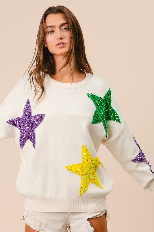 MARDI GRAS STAR SEQUIN SWEATER