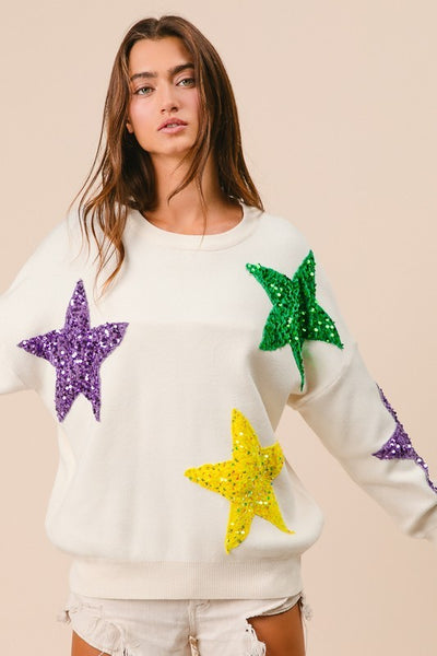 MARDI GRAS STAR SEQUIN SWEATER