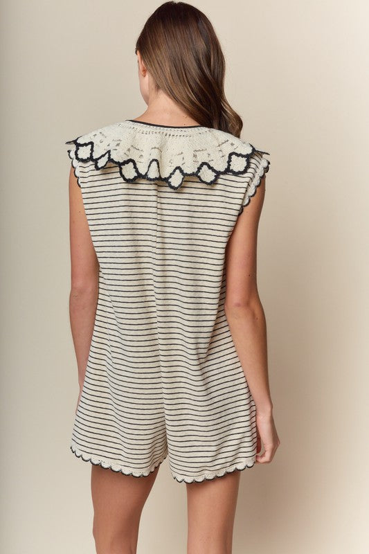 STRIPED LACE COLLAR ROMPER