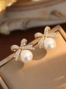 RHINESTONE BOW PEARL EARRINGS